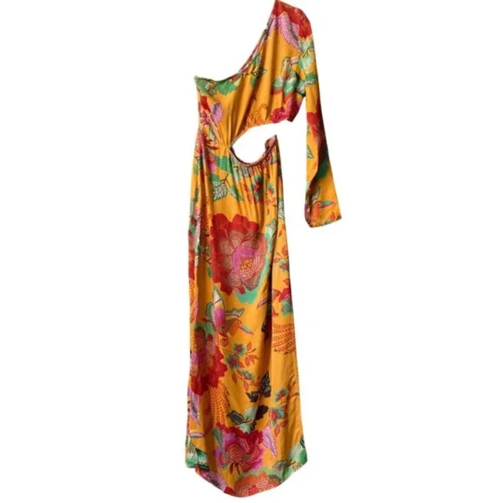 Farm Rio / Anthropologie Maxi Dress Tropical Floral One-Shoulder cutout Sun M - Picture 5 of 5